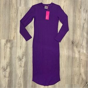 NWT Terez Long Sleeve Ribbed Bodycon High Neck Midi Dress Purple Size S Flaw